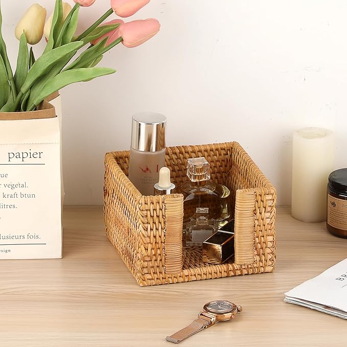 Sumnacon Napkin Holder,Square Rattan Napkin Holder Table Wicker Countertop,Cocktail Napkin Holders for Kitchen Dining Table Counter Natural Napkin Basket for Picnic Wedding Party