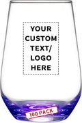 DISCOUNT PROMOS 100 Vaso Silicia Stemless Wine Glasses Set, 16 oz. - Personalized Text, Logo - Clear, Orb-Like, Thick base - Purple