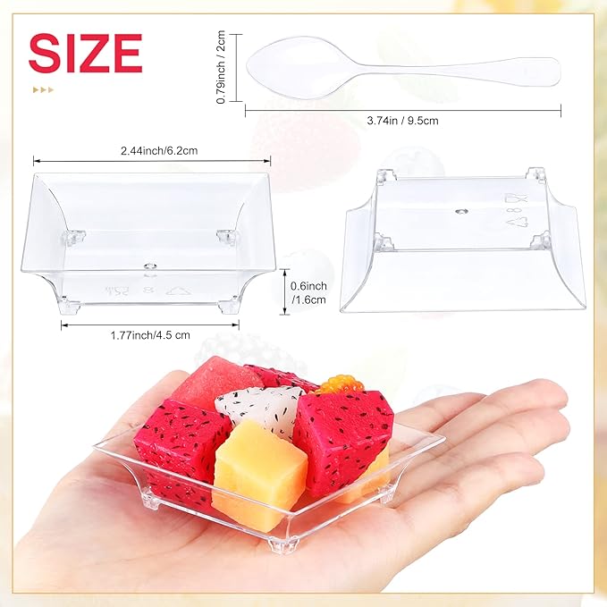 300 Pcs Mini Clear Dessert Plate Small Square Plastic Appetizer Plate with 300 Tasting Spoon Disposable 1 oz 2.4x2.4 Inch Party BBQ Wedding Picnic Party Travel Events Microwavable(Elegant)