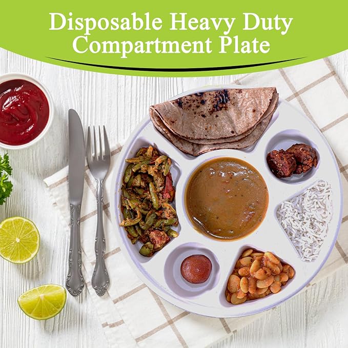 three leaf 7 COMPARTMENT BAGASSE ROUND PLATE, 200 Ct. Heavy-Duty- Super Strong- Natural- Eco-Friendly Disposable Bagasse Plates, 100% Biodegradable 7 compartment plates