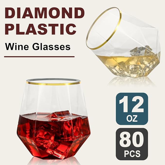 Goodluck 80PCS 12oz Diamond Stemless Plastic Wine Whiskey Glasses, Suitable - Image 2