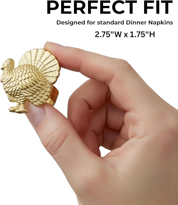 Napkin Rings Set of 12, Metal Napkin Holder Cuffs for Dinner Table Décor, Thanksgiving Turkey Bird Farmhouse Modern Serviette Rings for Christmas, Weddings, Receptions, Gold - CLEENTABLE