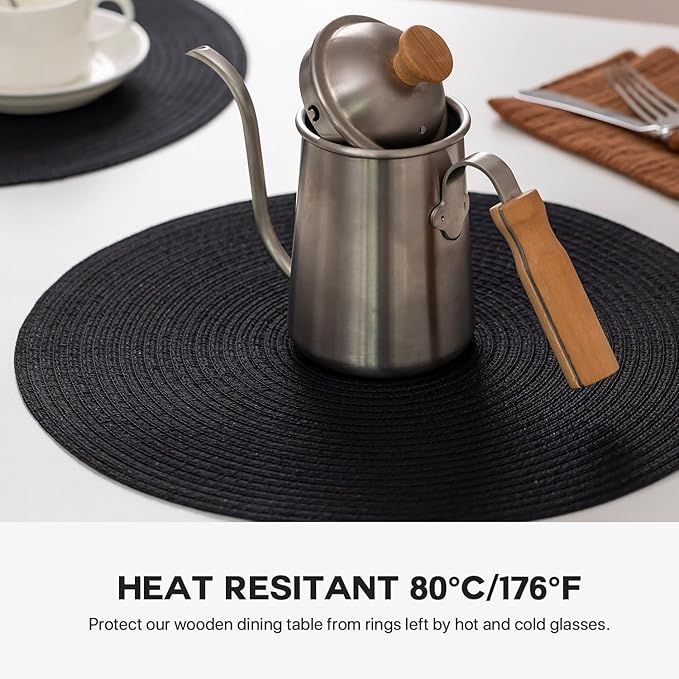 Round Placemats Set of 6 Woven Placemats Washable Braided Table Mats for Dining Table Heat Resistant Non-Slip Circle Place Mats(Black)