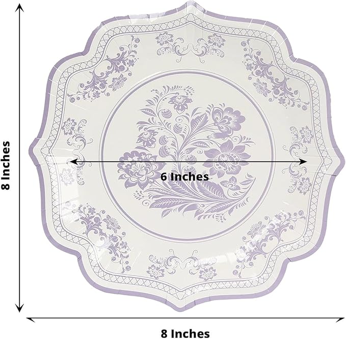 50 Pack 8" White Lavender Lilac French Toile Dessert Plates, Disposable Round Paper Floral Pattern Appetizer Salad Plates 300 GSM for Party Decoration