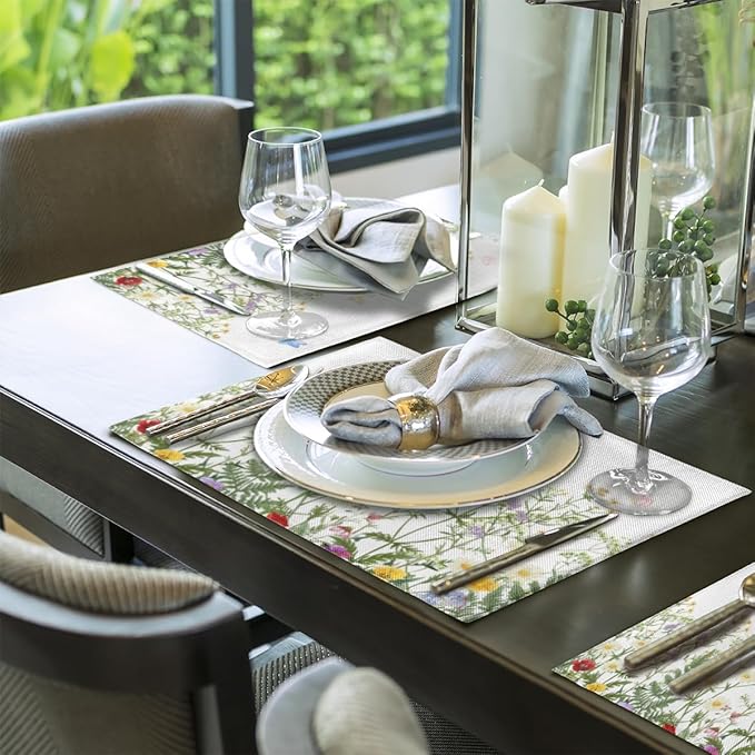 Spring Wildflowers Placemats Set of 4, Washable Elegant Placemats, Non-Slip Table Rectangle Linen Place Mats for Kitchen Dining Party Home Indoor Table Decor, Forest Style Home Decoration