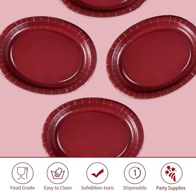 50Pcs Burgundy Oval Paper Plates 10" x 12" Heavy Duty Maroon Wine Dark Red Party Disposable Plates Valentines Day Dessert Platter for Anniversaries Wedding Birthday Holiday Party Supplies Decoration