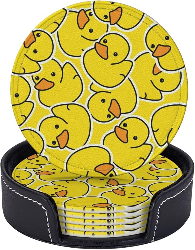 Drink Coasters with Holder Stand Set of 6 Yellow Ducks Pattern Drawing Pu by Unknown