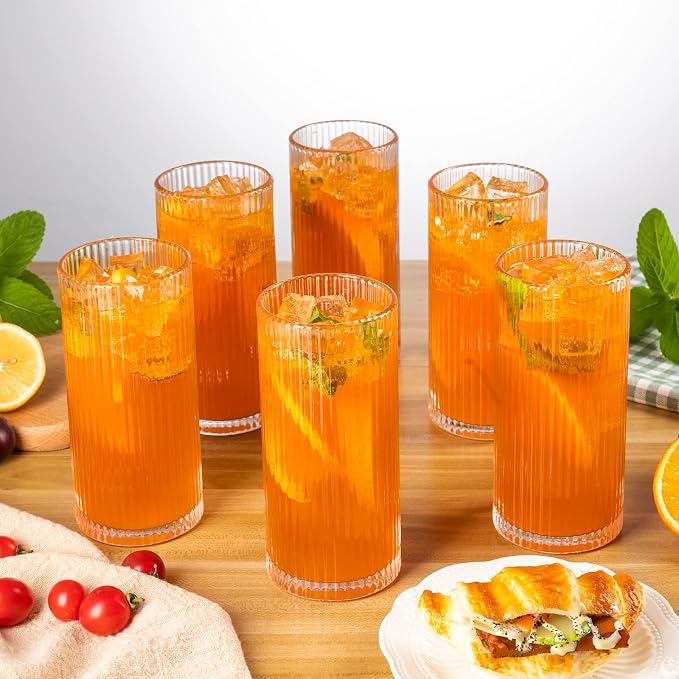 Ribbed Glassware Vintage Drinking Glasses 6Pcs -13OZ Clear Ribbed Drinking - Image 6