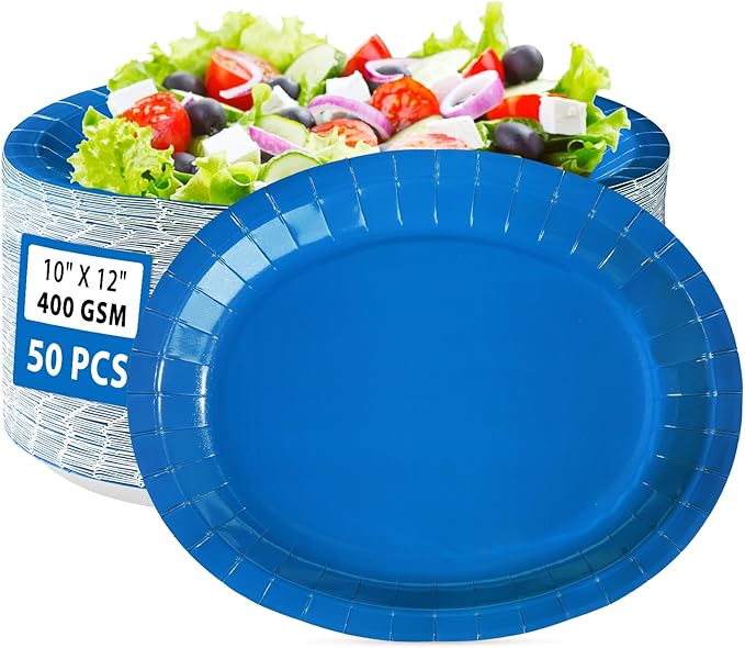 Grencian 50 PCS Blue Oval Paper Plates Blue Plate Large 10" X 12" Disposable 400GSM Paper Tableware Dinnerware for Birthday Winter Holiday Wedding Baby Shower Christmas Party Decorations