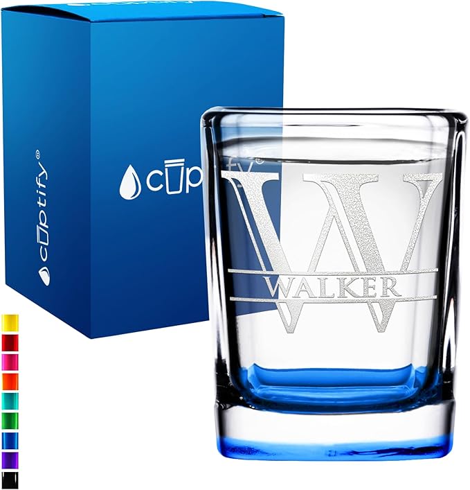 Personalized Square Shot Glasses Blue Bottom 2oz Engraved Initial and Name Custom Gifts, Weddings, Birthdays, Party, Event, Decorations