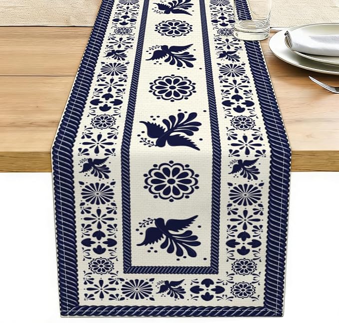 Blue Birds Flowers Mexican Table Runner Spring Floral Decor | Blue Patchwork by Unknown