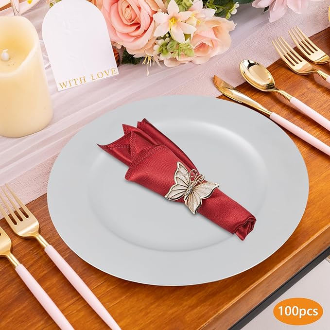 100 Pcs Antique Charger Plates Bulk, 13in Reusable Serving Plates Embossed Rim Plastic Party Dinner Plate Chargers Round Decorative Server Plate for Wedding Party Event Tableware