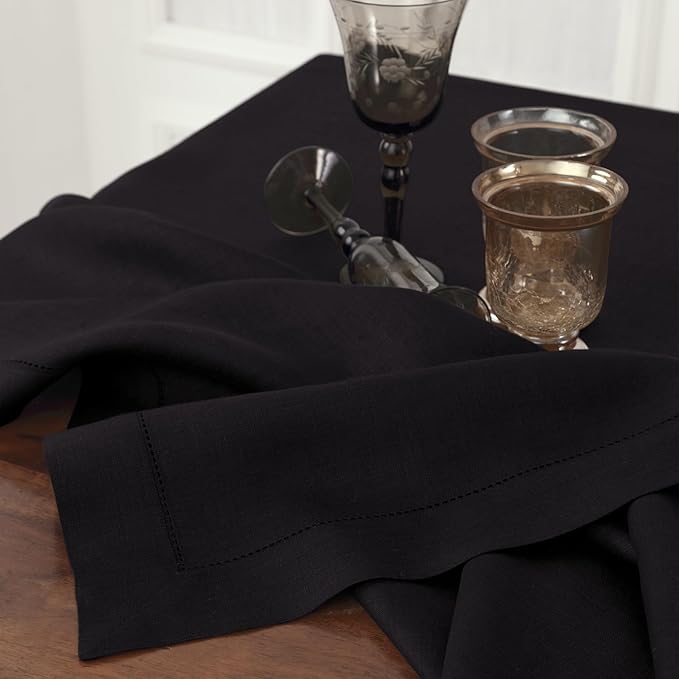 Solino Home Black Linen Tablecloth 60 x 90 Inch - 100% Pure Linen Hemstitch Table Cloth for Rectangle Tables - Classic Hemstitch, Machine Washable Tablecloth for Winter, Spring, Easter