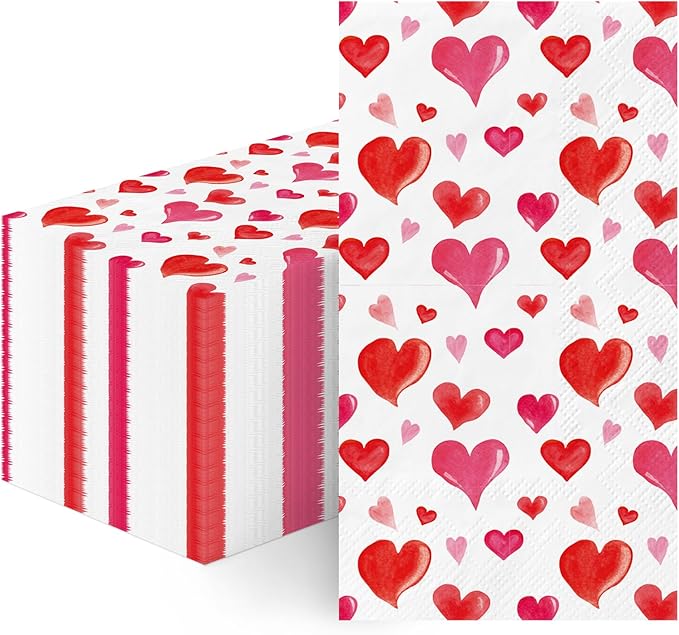 Valentine' s Day Paper Napkins - 100 Pcs Red Heart Decorative Dinner Napkin Sets Disposable, Cocktail Luncheon Party Decorations Supplies for Guest Engagement Anniversary Wedding 7.9 x 4.3 In