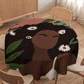 Bohemian Retro Mid Century Round Tablecloth, African Woman Girl Leaves Flower Tablecloth for Home Party Dining Room Kitchen Decor 70Inch(178cm)