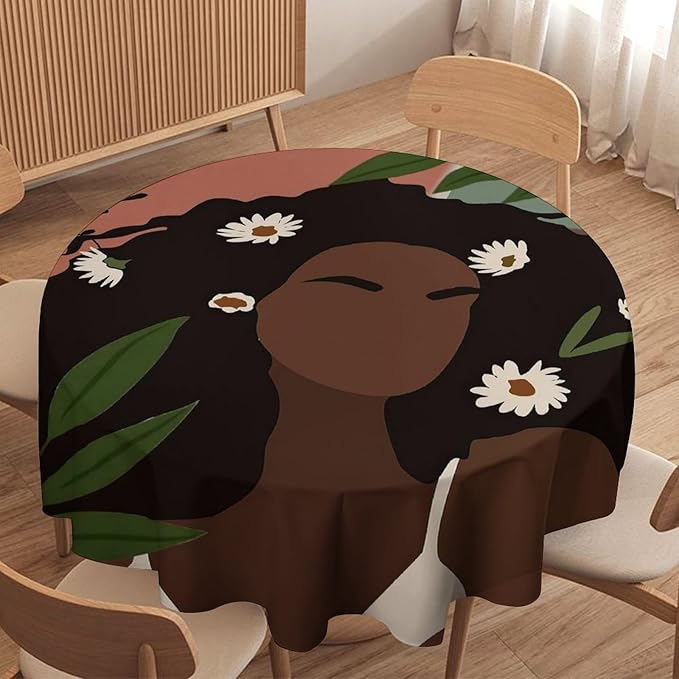 Bohemian Retro Mid Century Round Tablecloth, African Woman Girl Leaves Flower Tablecloth for Home Party Dining Room Kitchen Decor 70Inch(178cm)