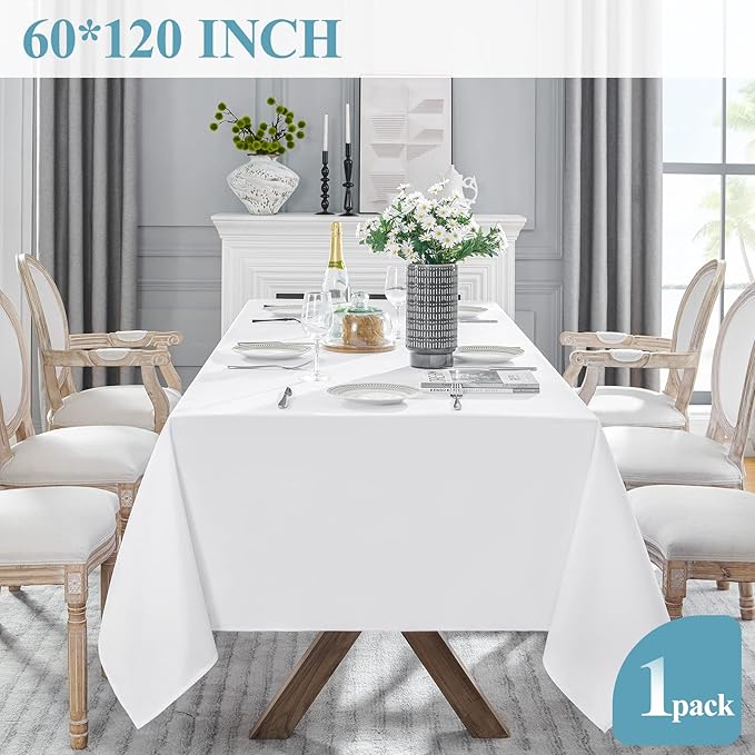 VidaFete 1 Pack Tablecloth 60 * 120inch Rectangle Table Cloth Polyester, Stain Wrinkle Resistant Dining Table Cover for Kitchen Dinning Party Wedding Rectangle Tabletop Buffet Decoration(White)