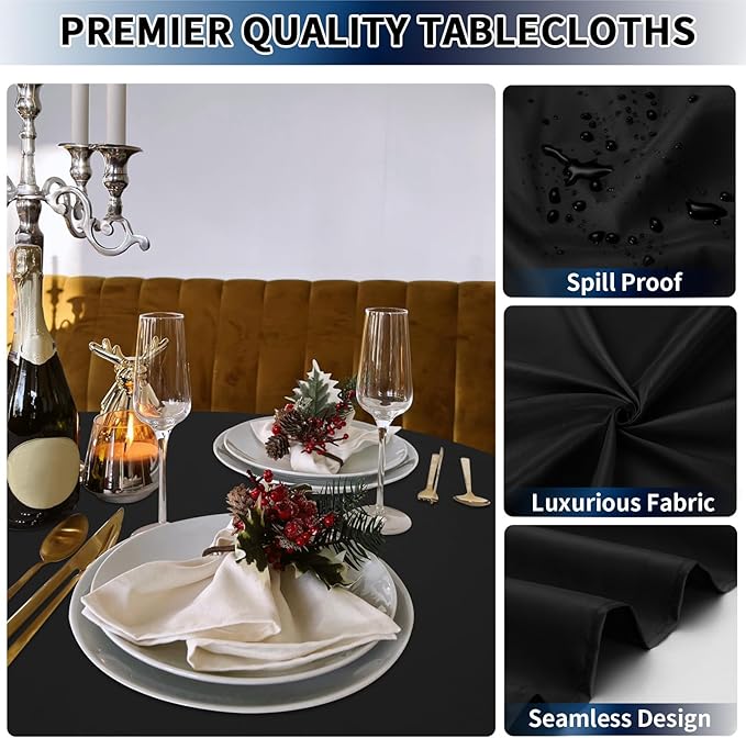 PureFit 6 Pack Round Black Table Cloths 70 Inch for Round Tables, Stain and Wrinkle Resistant Table Linens for Home Use, Wedding, Party, Banquet and Camping