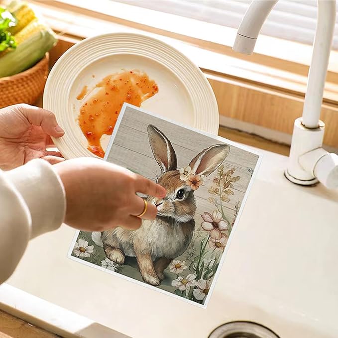 Vintage Bunny Swedish Dishcloths for Kitchen, Swedish Dish Cleaning Cloths for Floral，Papaya Reusable Paper Towels, 4 Pack Dish Towels for Kitchen, Reusable Dishcloths Washable