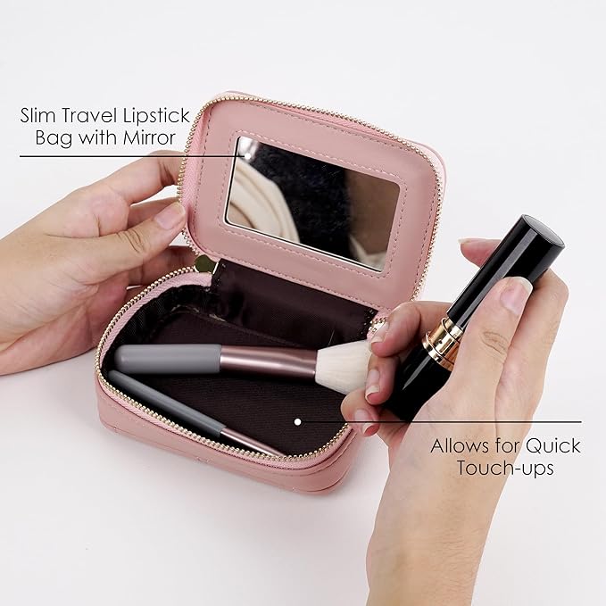 Lipstick Holder with Mirror for Purse, Genuine Leather Makeup Case, Compact Zippered Travel Cosmetic Organizer, Pink