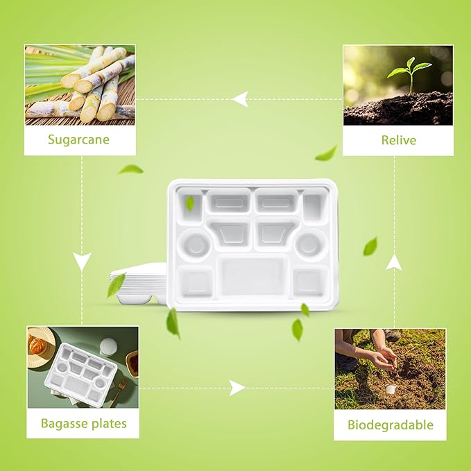 three leaf 11 Compartment Bagasse Rectangular Plate, 50 Ct. PFAS-Free, Heavy Duty, Sugarcane Fiber, Eco Friendly Disposable, 100% Biodegradable, Microwave and Freezer Safe, Ideal for Lunch, Buffet