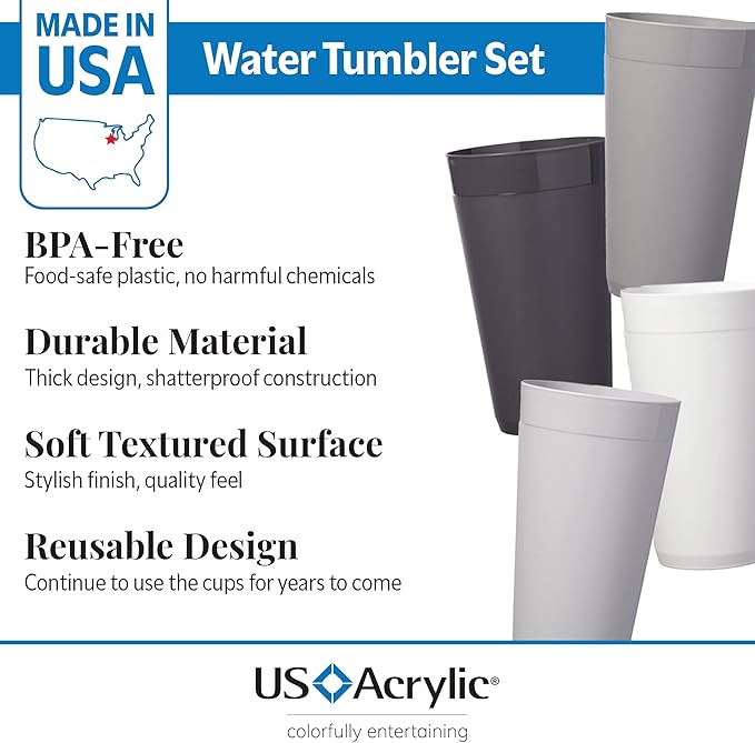 US Acrylic Newport 20 ounce Unbreakable Plastic Stackable Water Tumblers in Grey Stone | Set of 12 Drinking Cups | Reusable, BPA-free, Made in the USA, Top-rack Dishwasher and Microwave Safe | Unbreakable, Stackable, Drinking Cups, Reusable, BPA-free, ...