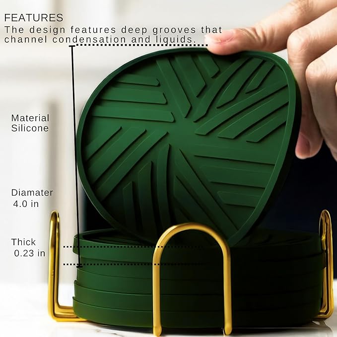 Silicone Drink Coasters, Set of 6, with Smart, Modern Groove Patterns and Gold Holder, Protects Your Coffee Table, Home Office Bar Decor, Olive Green