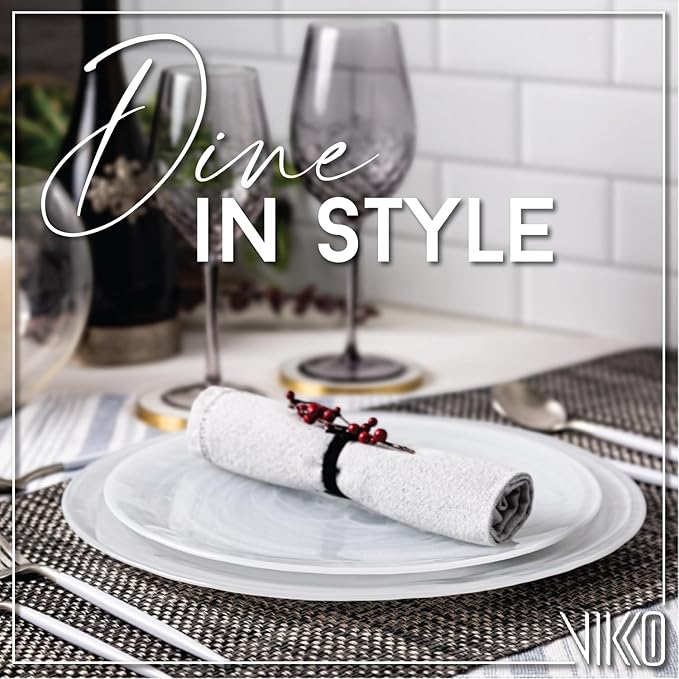 Vikko Charger Plates, Set of 4 White Alabaster Dinner Plates, 13" Plate with Marbelized, Swirl Design, Elegant Glass Charger, Dishwasher Safe