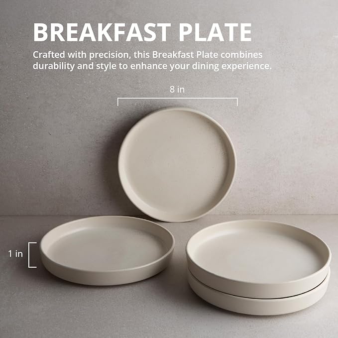 Goodies Cream Breakfast Plates (Set of 4), Handmade Ceramic, Glazed, Dishwasher Safe, Microwave Safe, Durable, Easy-to-Clean, Stackable, Modern, 8 Inch