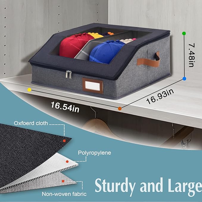 2-in-1 Hat Organizer for Baseball Caps Holds 48-60 Caps Hat Storage with Adjustable Divider Stackable Hats Holder for Closet with Clear lid Cowboy Hat Box for Men Women 2 PCS Black and Grey