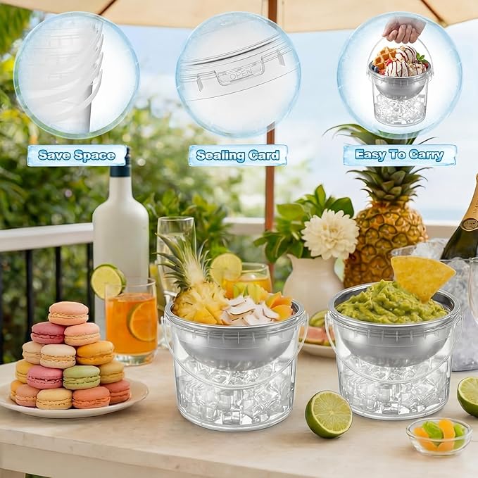 6 Set 34 oz Dip Chiller Bowl with 68 oz Ice Bowl Base with Handle, Stainless Steel Chilled Cold Serving Dish for Salads Dips Fruits Potato BBQ Outdoor Party Favor
