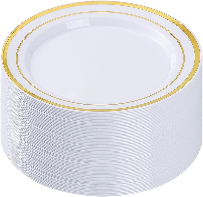 BESTVIP 50PCS Gold Plastic Plates, 10.25 Inch Disposable Dinner Plate Party with Gold Rim, Heavy Duty Disposable Plastic Plates for Christmas, Thanksgiving, Party, Wedding and Birthday