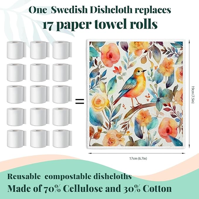 Vintage Bird Flowers Swedish Dishcloths for Kitchen, Papaya Reusable Paper Towels, 4 Pack Watercolor Dish Towels for Kitchen, Swedish Dish Cloths, Reusable Paper Towels Washable