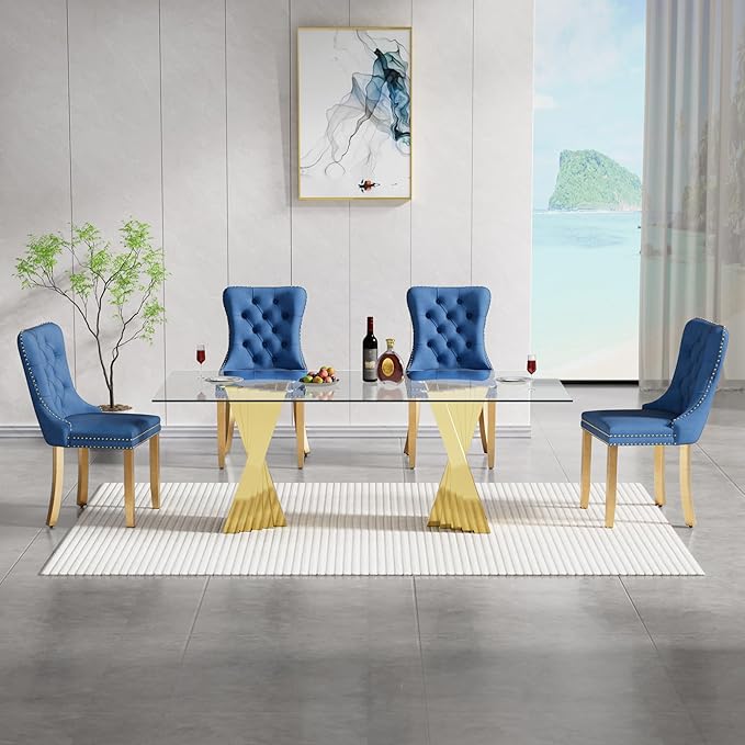 5 Piece Glass Dining Table Set,70" Dinner Room Glass Table Set for 4,Modern Kitchen Dinner Table Set with Stainless Steel Base and 4 Upholstered Velvet Dining Chairs for Living Dining Room