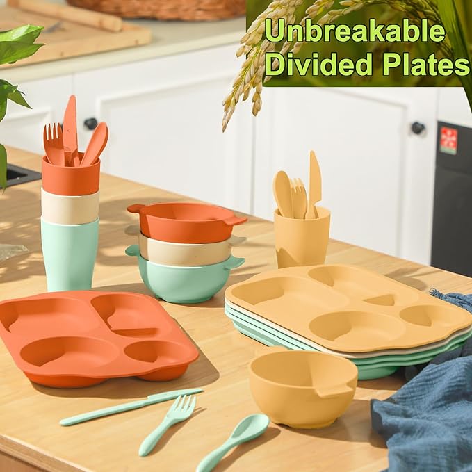Tanlade 24 Pcs Wheat Straw Dinnerware Cutlery Sets, Divided Plates Unbreakable Bowl Microwave Dishwasher Safe Tableware Cutlery Spoon Knife Fork Cup(Orange, Yellow, Beige, Green)