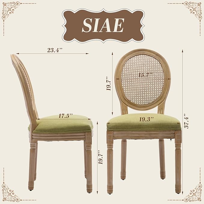 SoarFlash French Dining Chairs Set of 6, Vantage Dining Chair with Round Back, Wood Leg Farmhouse Country Rattan Dining Chair for Kitchen,Bedroom,Olive Green