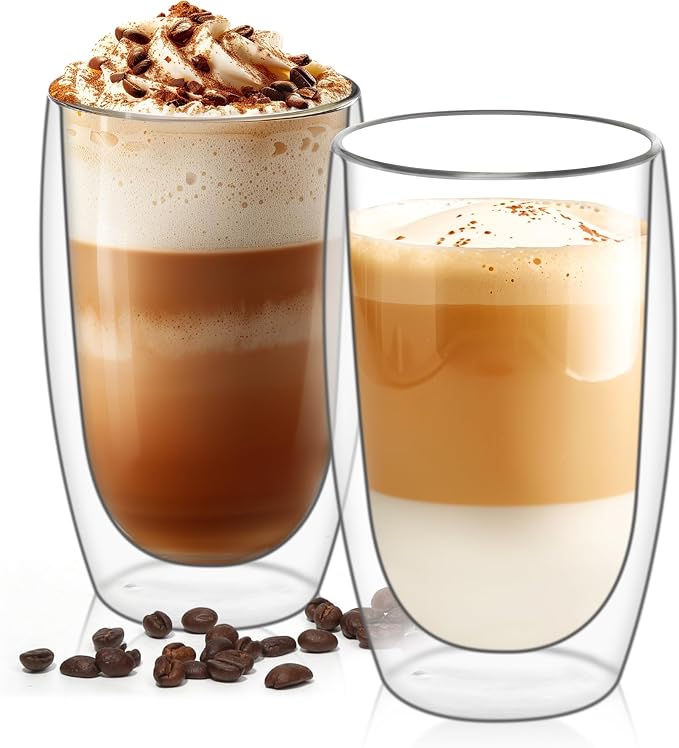 ComSaf 15oz Double Wall Glass Coffee Mugs, Insulated Latte Cups Set of 2 by ComSaf