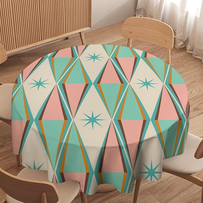 Mid Century Round Tablecloth, Vintage Bohemian Modern Mid-Century 50s 60s Print Tablecloth for Home Party Dining Room Kitchen Decor 60Inch(152cm)