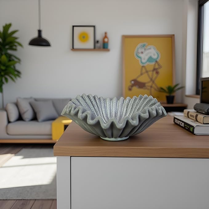 Large Decorative Bowl decor, Scalloped Pedestal Bowls for Modern Home Decor,Ruffle Decor,Stylish Key Bowl for Entry Table,Decorative Fruit Bowl for Kitchen Counter,Artificial Stone Marble Color