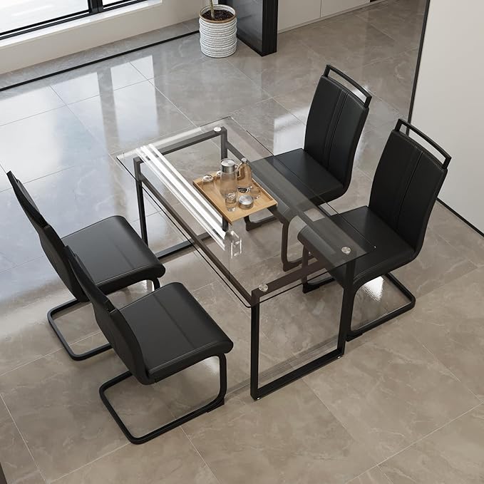 Glass Dining Table Set for 4, Modern Rectangle Dining Table Set for 4, Kitchen Table and Chairs Set for 4 Suitable Living Room,Kitchen,Small Apartment