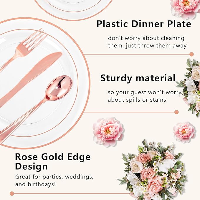 GATHER 350PCS Rose Gold Plastic Plates - Disposable Rose Gold Dinnerware Includes 100 Clear Rose Golds Rimmed Plastic Plates, 150 Silverware, 50 Napkins, 50 Cups for Party, Wedding, Valentine's Day