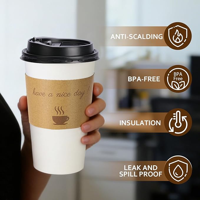 50 Pack 20 oz Disposable Paper Coffee Cups, Paper To Go Cups with Lids, Sleeve and Straw, Hot Paper Cups for Home, Office and Party (White 20oz)