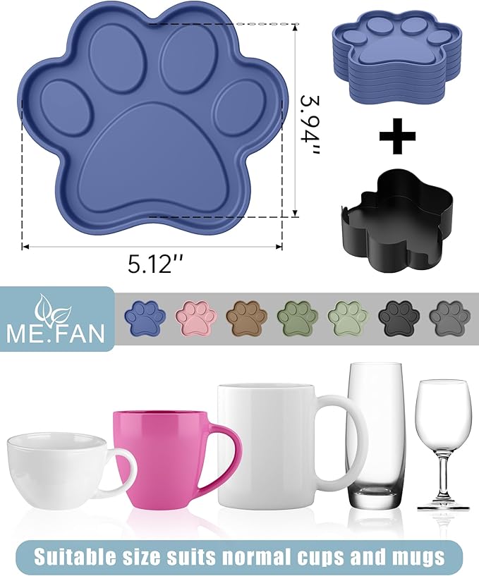 ME.FAN Silicone Coasters 6 Pack Paw Cup Mat with Holder, Dog Cat Paw Shape, for Hot or Cold Drink, Non-Slip, Non-Stick, Room Decor, Housewarming Coffee