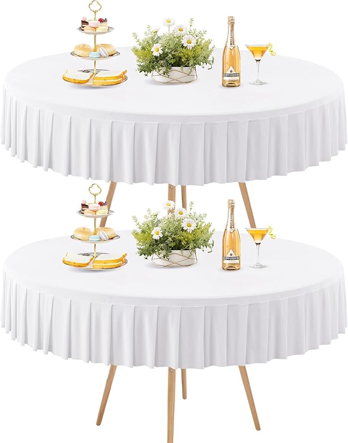 2 Pack White Spandex Round Tablecloths for 60 inch Tables, Stretchy Fitted 5FT Round Table Cloths, Wrinkle Free Table Cover with Skirt for Wedding Party Dining Banquet Baby Shower