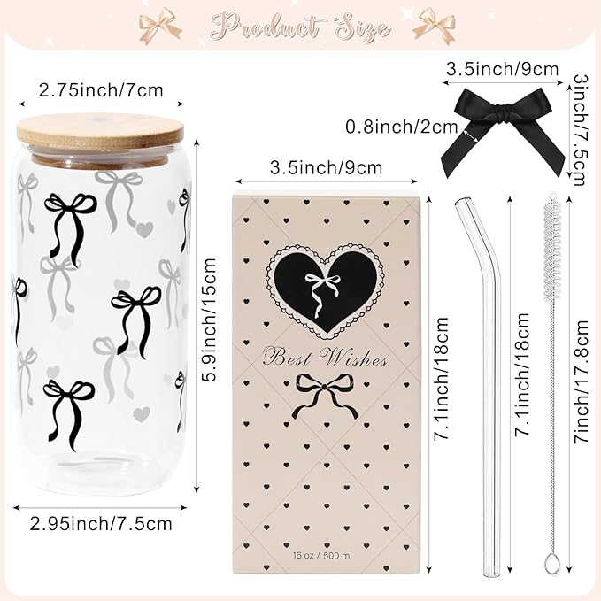 Coquette Black Bow Aesthetic Cup With Gift Box 16oz Glass Cup with Lids Straws and Black Bow Iced Coffee Smoothie Cute Tumbler with Cleaning Brush for Girls Bestfriend Sister Girlfriend, Preppy Stuff
