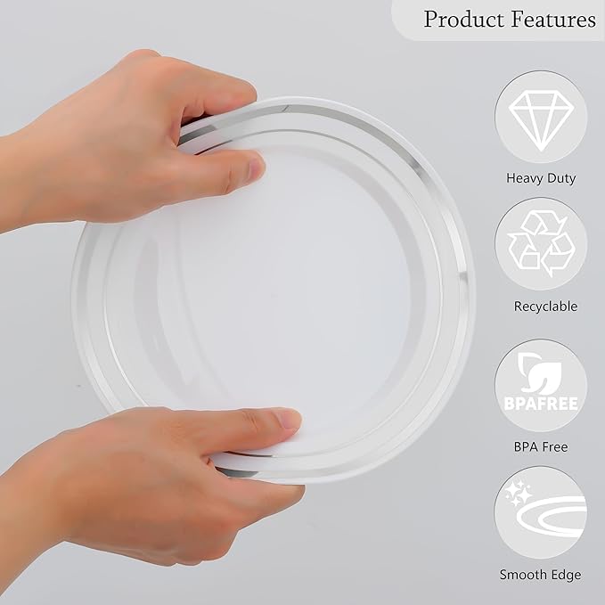 50 PCS Silver and White Plastic Plates for 50 Guests,10.25inch Silver Rimmed White Disposable Plastic Plates for Wedding,Party,Birthday,Smooth Edge & Heavy Duty Dinner Plate