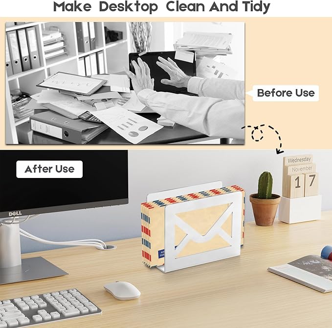 Desktop Metal Mail Holder,Modern Black Letter Organizer for Desk with Cutout Envelope Design,Home and Office Envelope and Document Storage Rack (White)