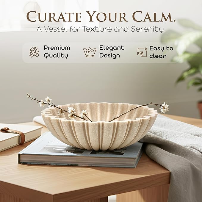 Modern Decorative Bowl for Home Decor - 10.6" Large Beige Resin & Sandstone Centerpiece Bowl for Entryway Table, Coffee Table, Kitchen Counter or Serving Fruit, Keys, Candy