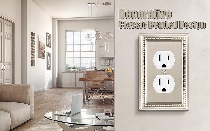 Henne Bery Sunken Pearls Heavy Duty Decorative Wall Plate Switch Plate Outlet Cover (Single Duplex, 3 Pack, Satin Nickel)