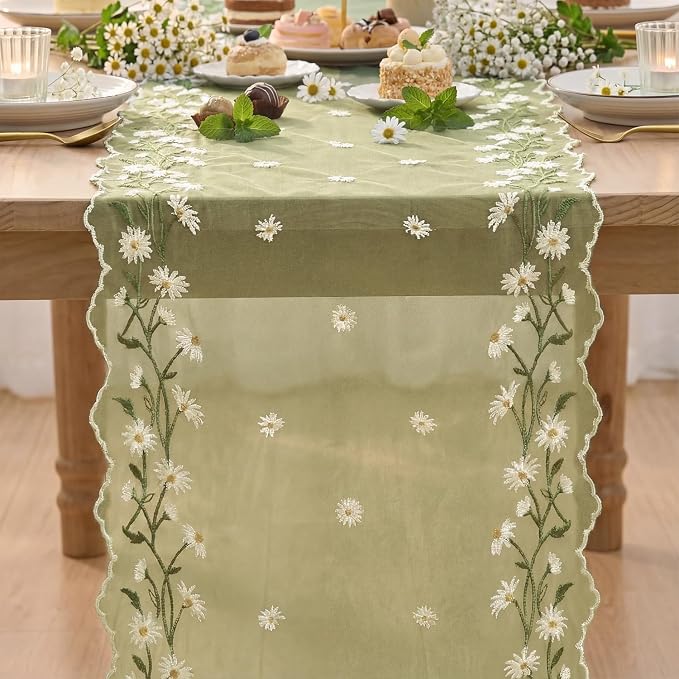 Artoid Mode Daisy Floral Fern Green Shaped Gauze Embroidery Table Runner 120 - Image 2